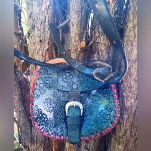 Vintage hand made Tooled Crossbody Purse Black Leather Red Stitching